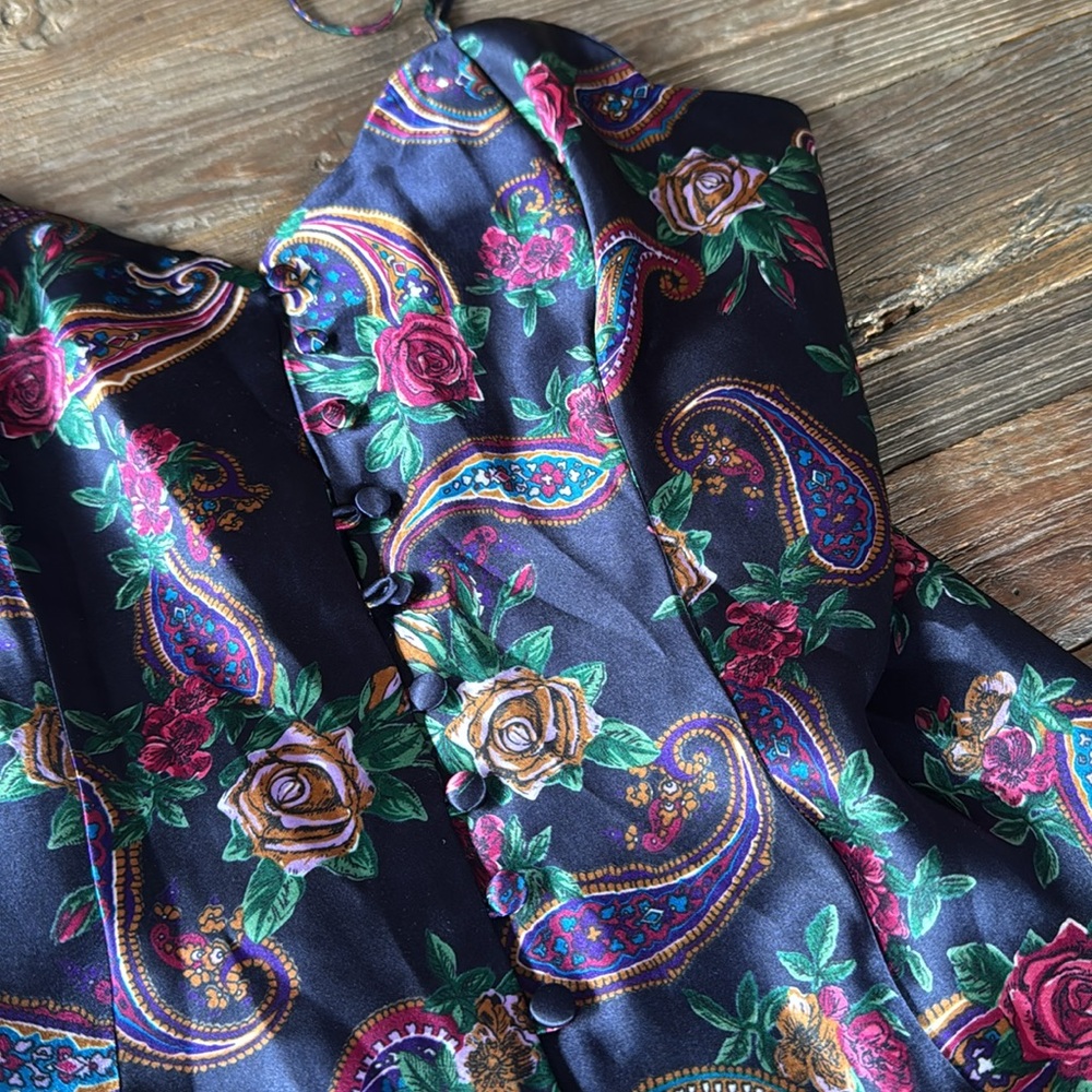 Vintage Gold Label Victoria’s Secret navy floral paisley button negligée size M - Picture 3 of 11